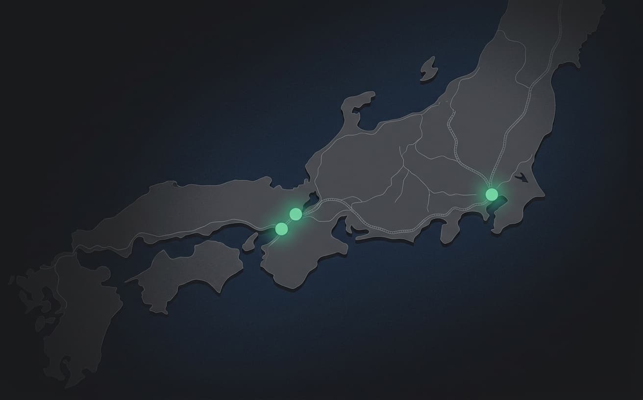 Illustrated map of Japan highlighting Tokyo, Osaka, and Kyoto as stay hubs