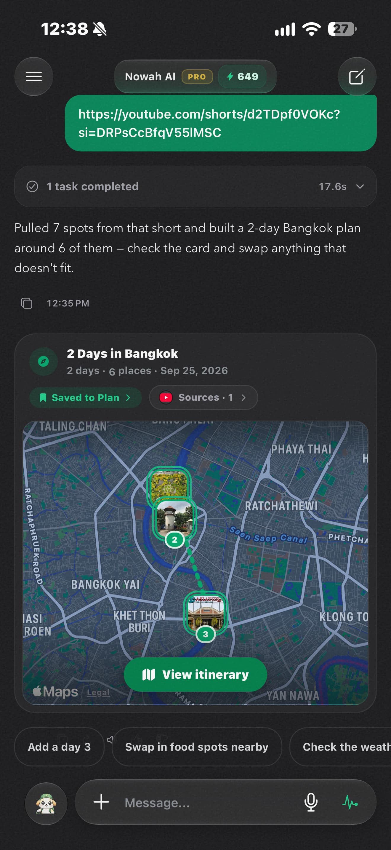 Nowah conversation turning a Bangkok video into a two-day itinerary