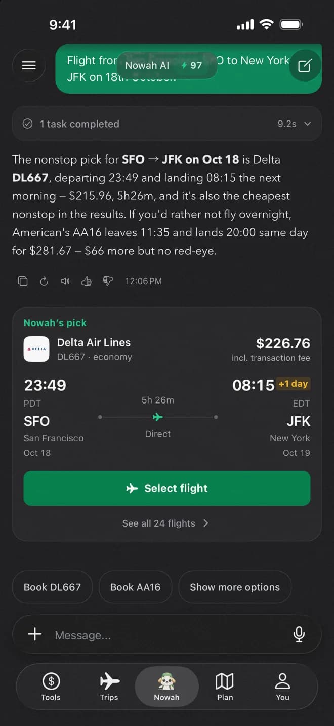 Nowah conversation with live flight options