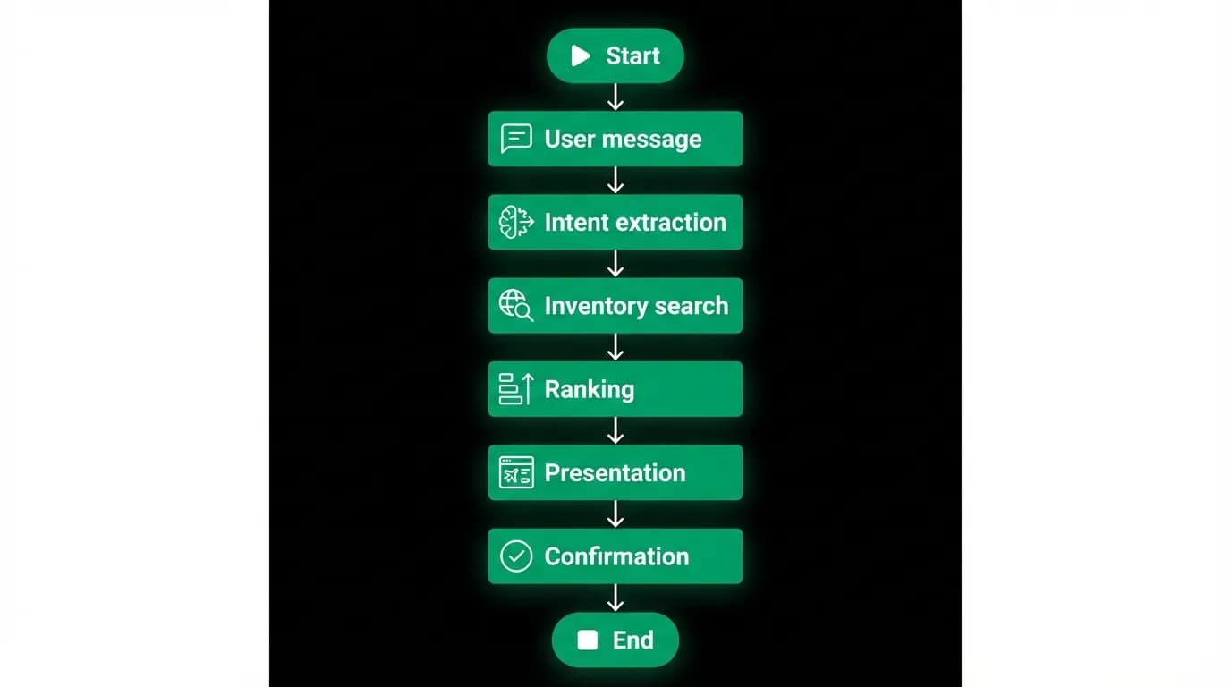 Six-stage AI flight booking pipeline from message to confirmation
