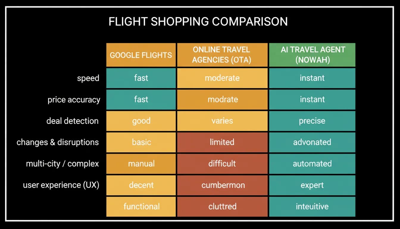 Google Flights, OTAs and AI agents scored across six criteria