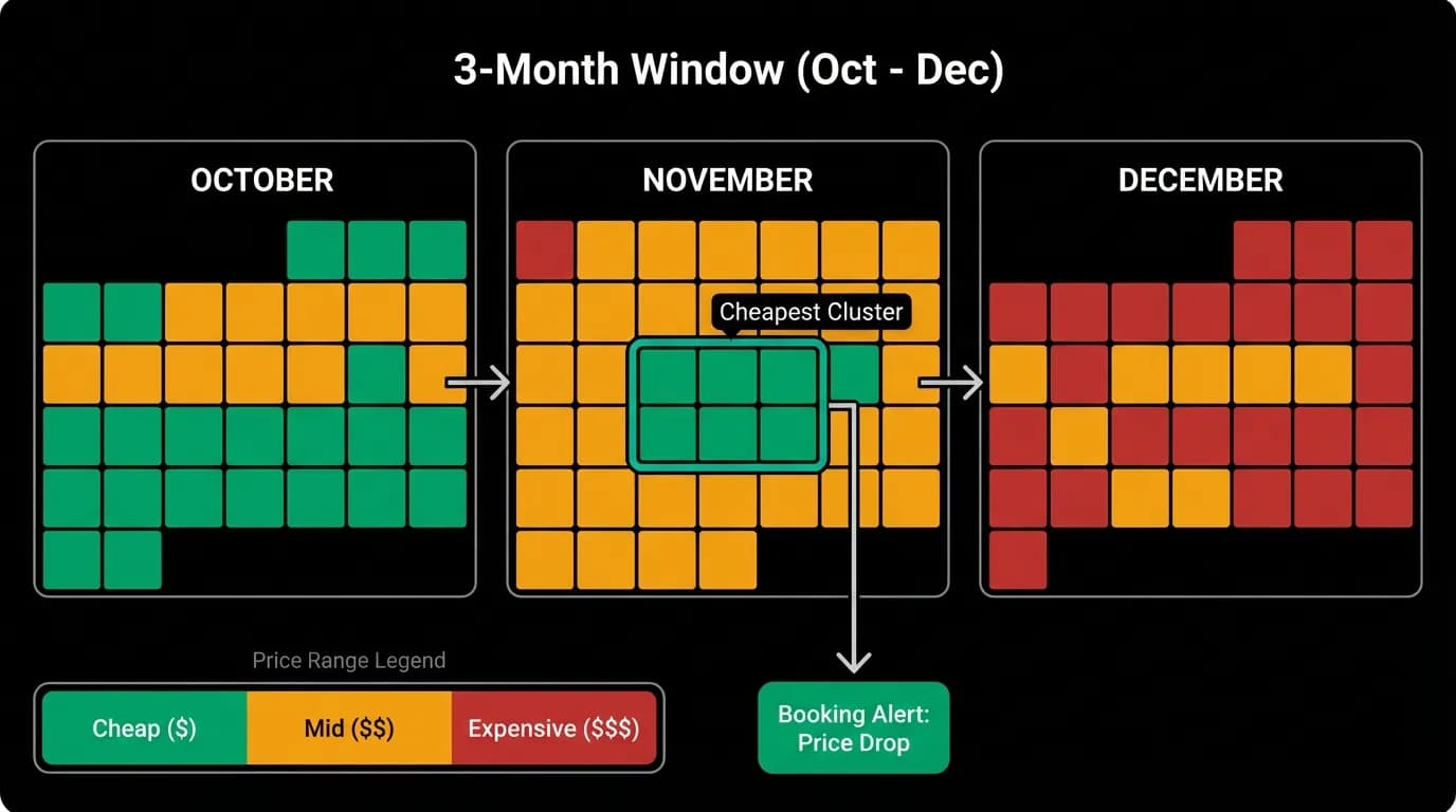Fare prices across a three-month calendar heatmap