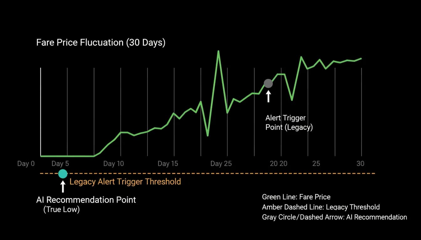 A fare moving over thirty days, with alert and AI recommendation points