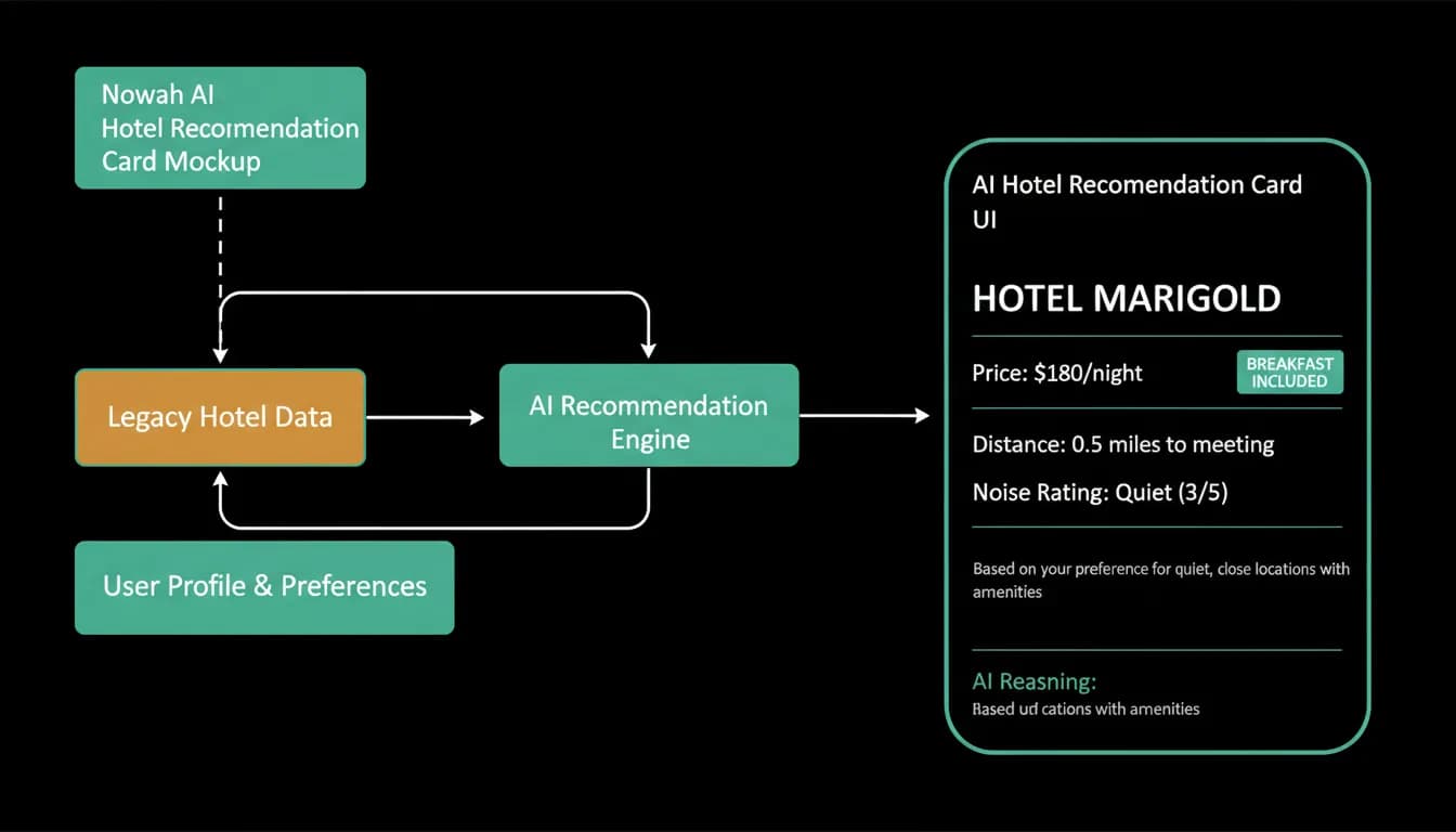 An AI hotel card showing distance to venue, breakfast and noise level