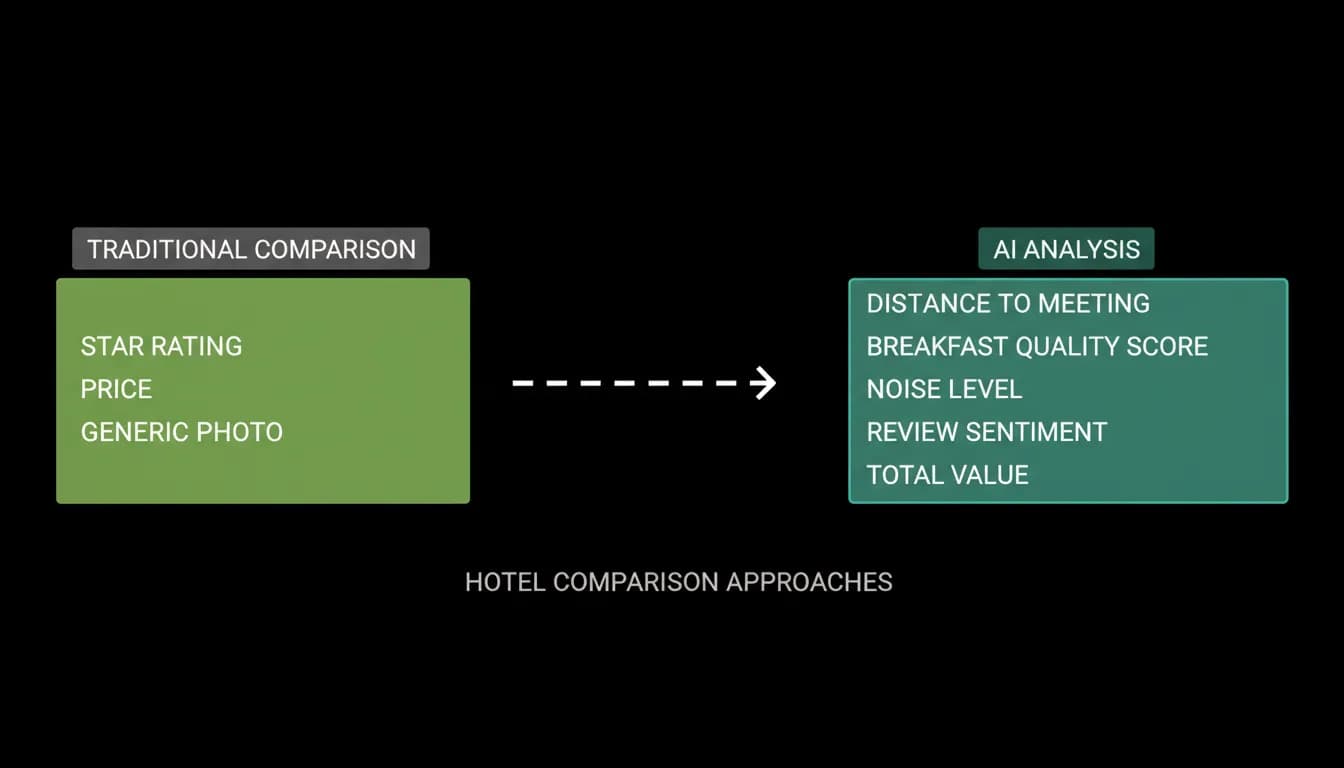 Traditional star-and-price hotel comparison beside a detailed AI evaluation