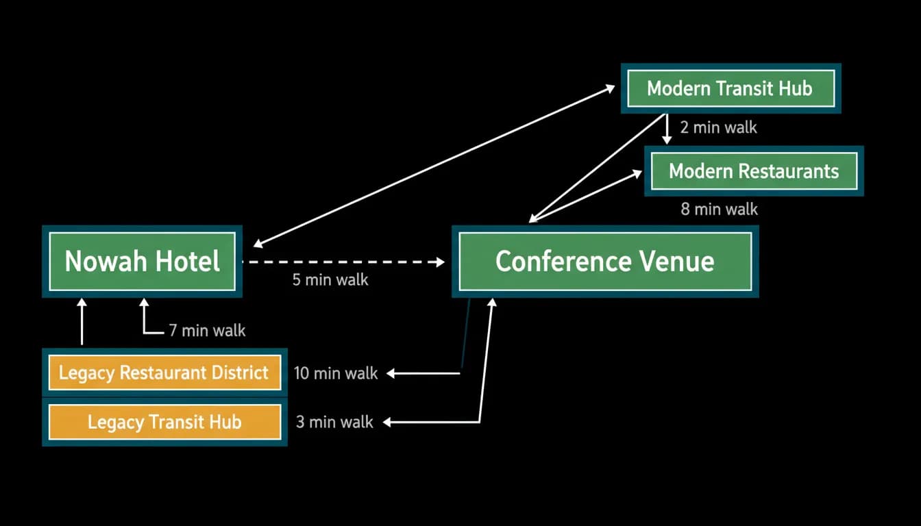 Hotel location mapped against venue, transit and restaurants with walking times