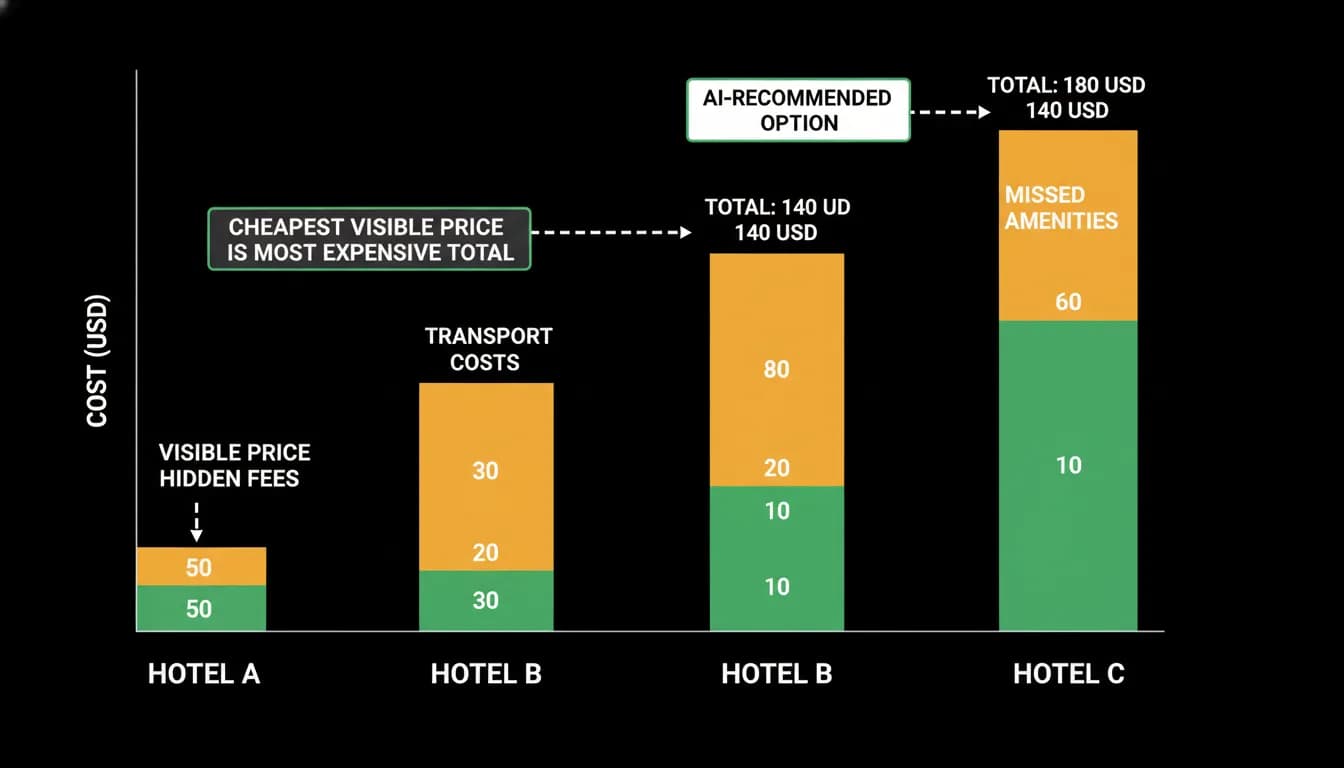 Three hotels compared on visible price against fees and transport