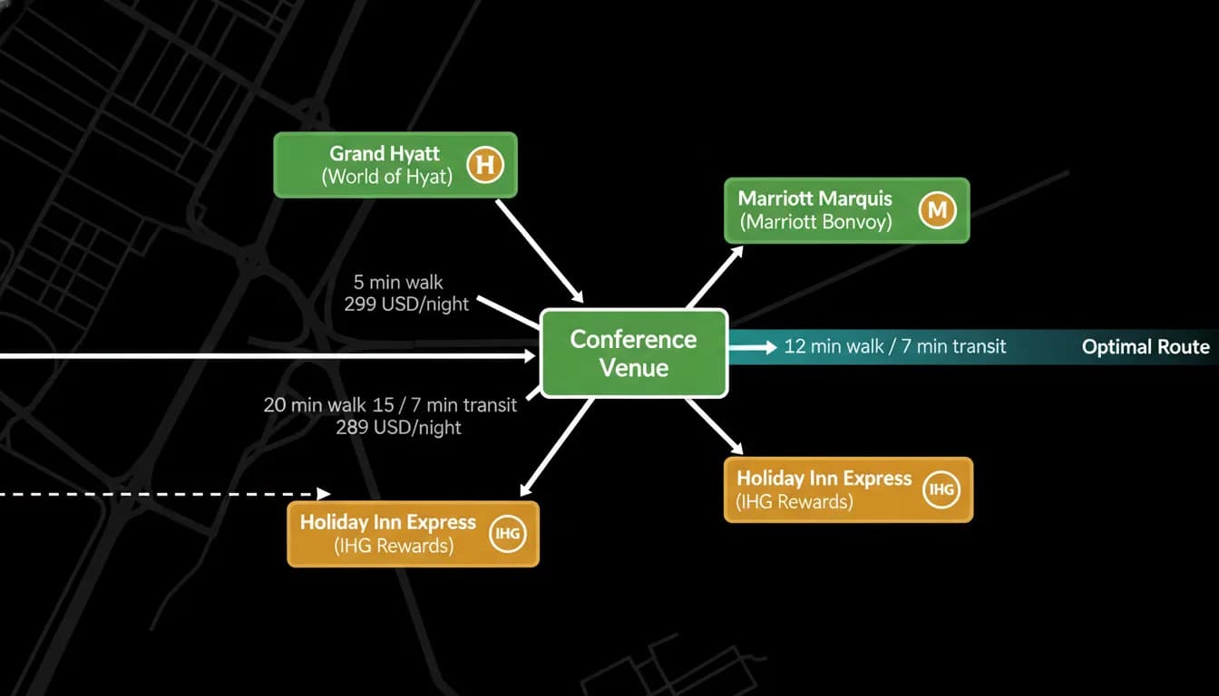 Hotels around a conference venue with walking times