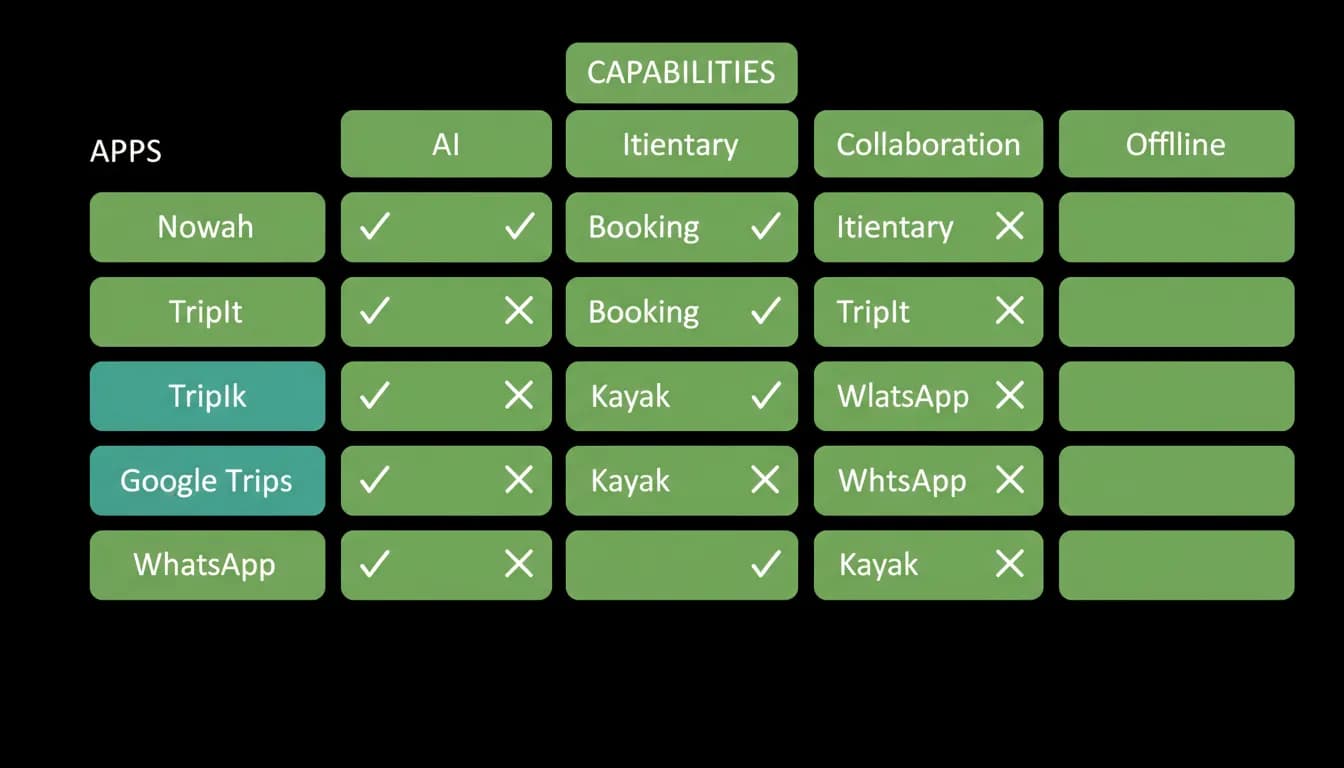 Apps compared across AI, booking, itinerary and collaboration