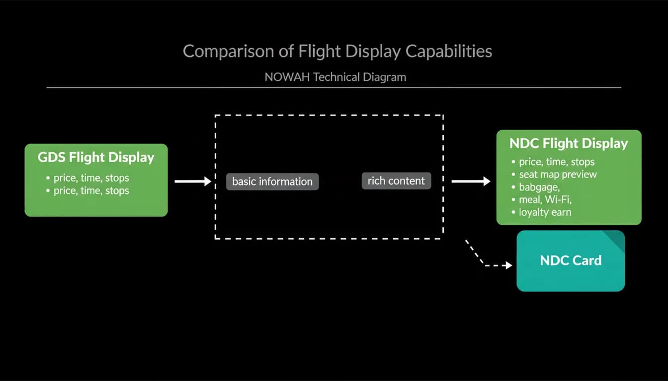 A basic GDS flight display beside a rich NDC one