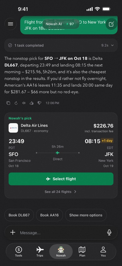 Flight search and recommendations in a Nowah conversation