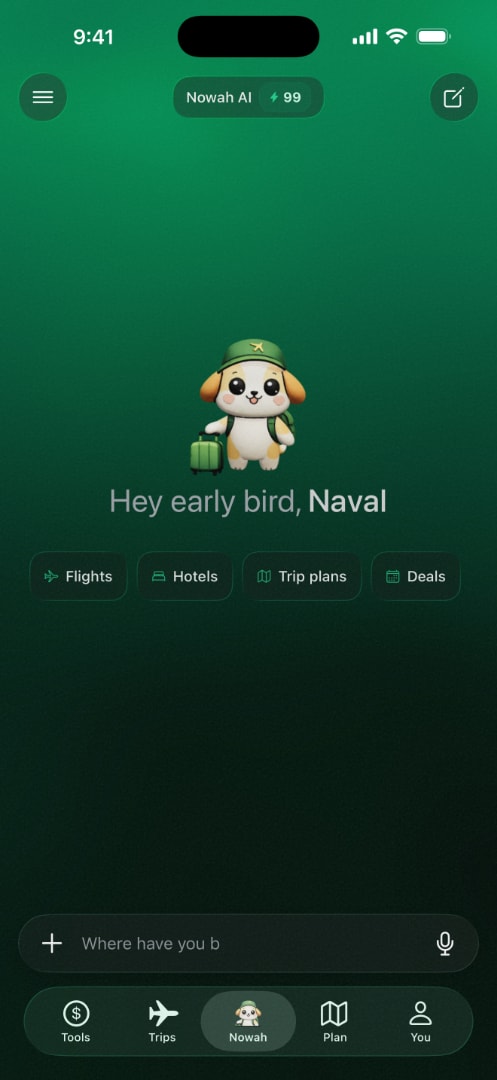 Nowah app home and conversation composer