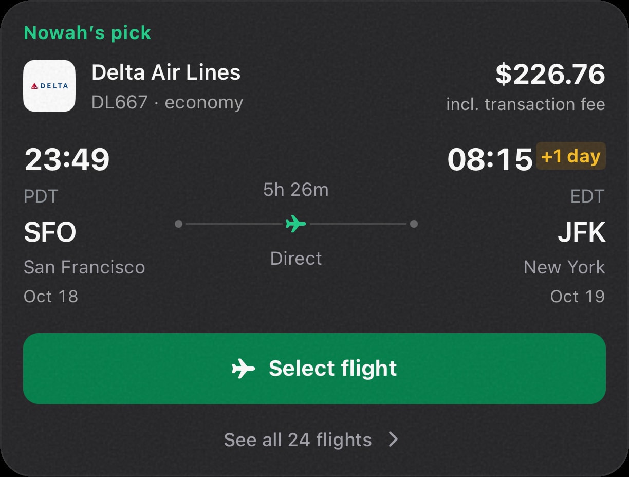 Illustrative flight option with a sample fare