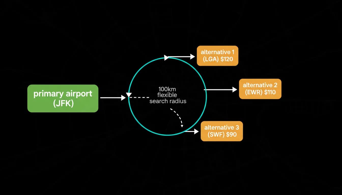 Alternative airports within a search radius, each with its own fare