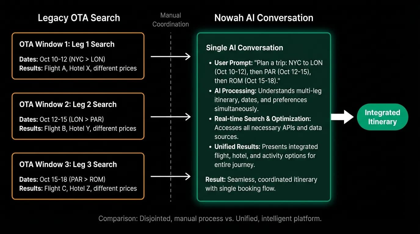 Three separate OTA searches beside one AI conversation