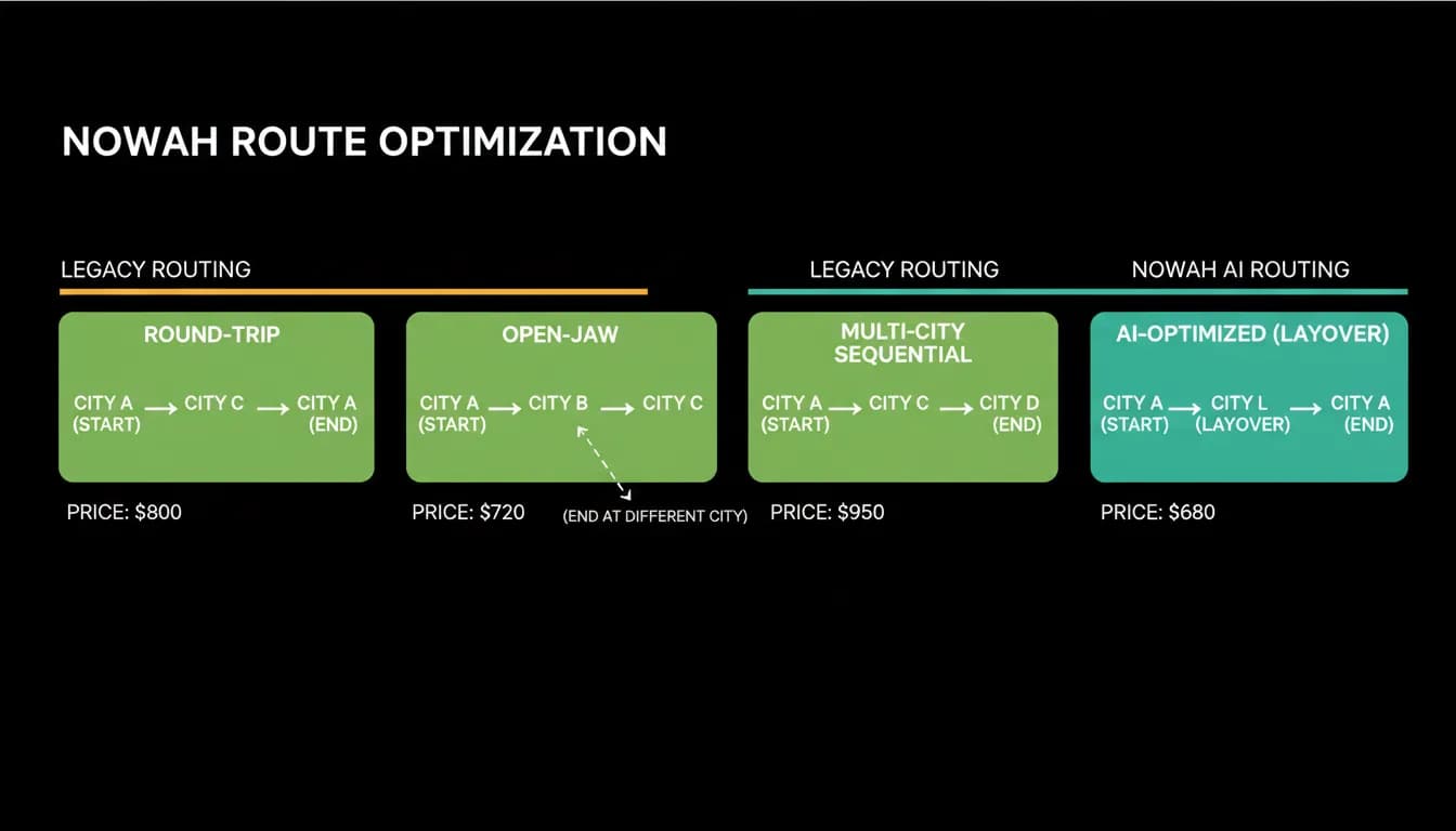 Four routing options for a three-city trip compared