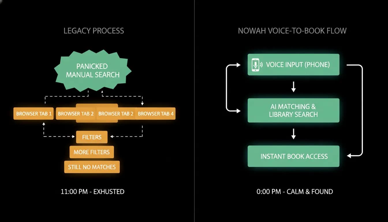 A frantic manual search beside a calm voice booking