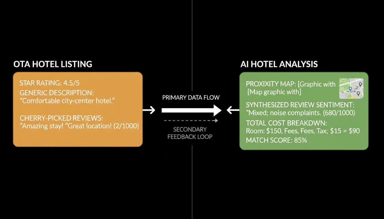 An OTA hotel listing beside an AI hotel analysis