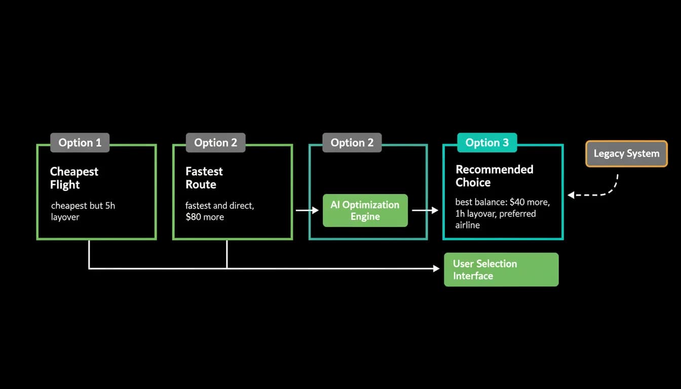 Three flight options annotated with their trade-offs