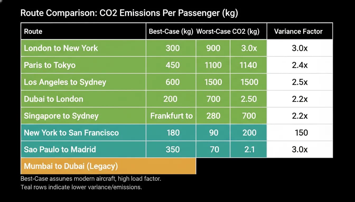 Best and worst case emissions across ten routes