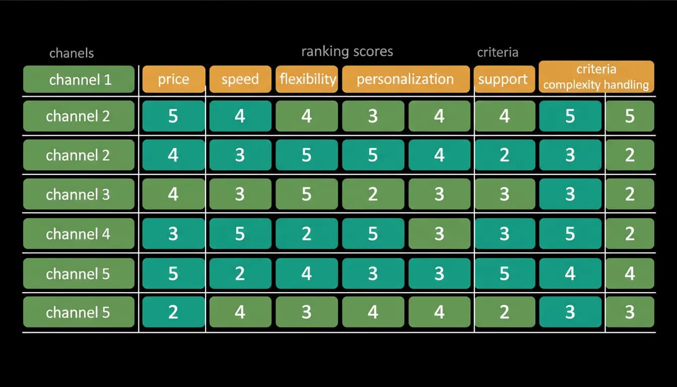 Five booking channels scored across six criteria