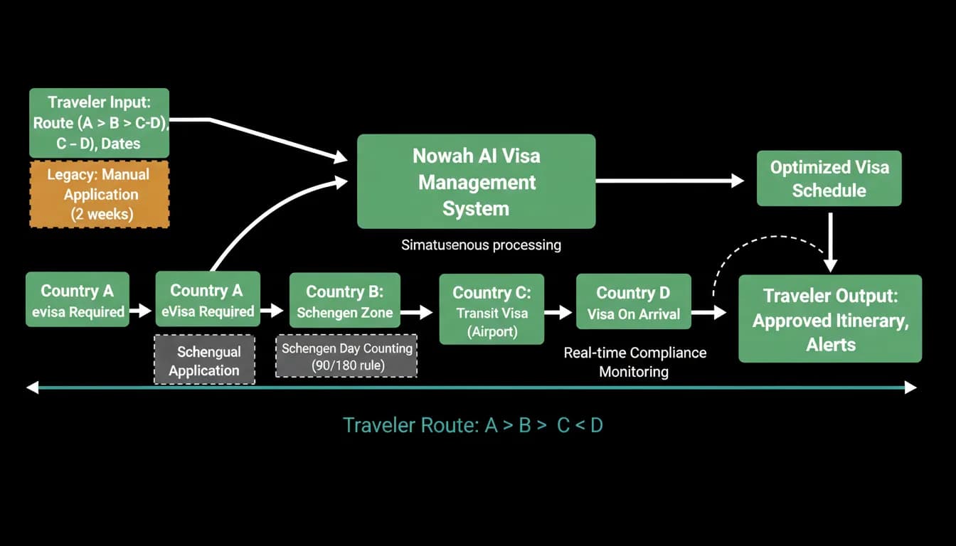 Visa, transit and Schengen day-count requirements across a four-country route