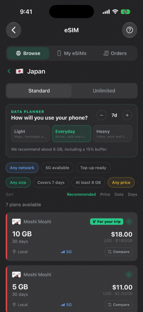 Nowah app showing eSIM packages for a Japan trip